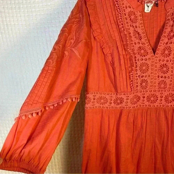 Anthro Akemi + Kin Josephine Small Embroidered Dress Coral 3/4 Sleeve NO SLIP - Picture 8 of 14